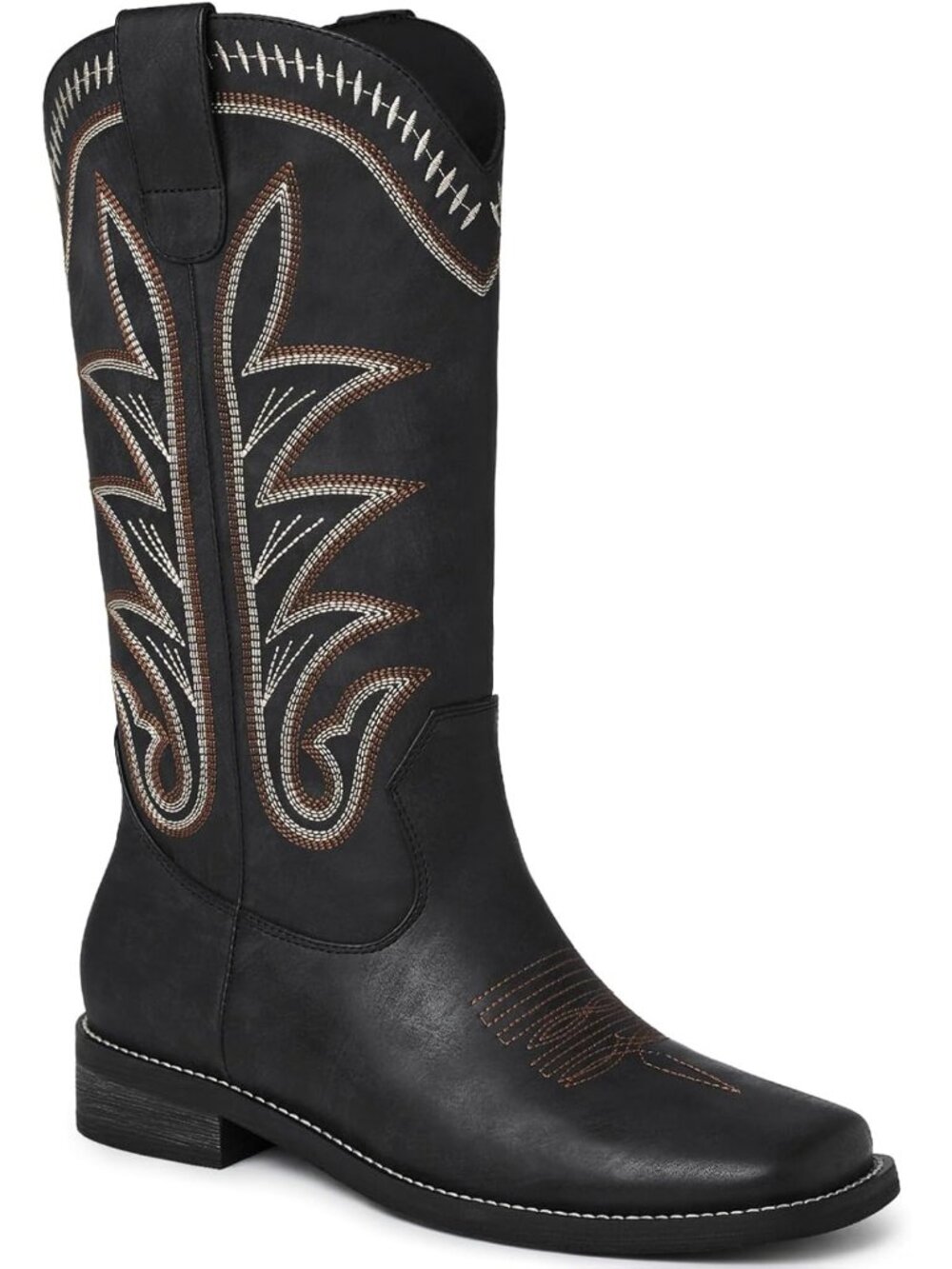 Women Black (PU) Wide Square Toe Western Cowboy Cowgirl Mid Calf Country Boot